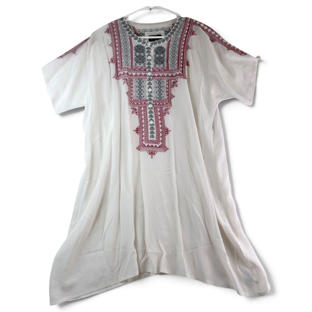 biya by johnny was 100% silk embroidered tunic dress ivory red gray size xl